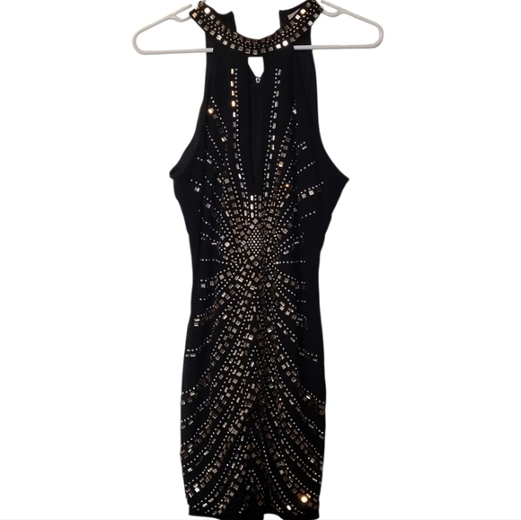 Paradiso Black and Gold Rhinestone Gem Embellished Mini Halter Dress Size Large - Picture 3 of 15